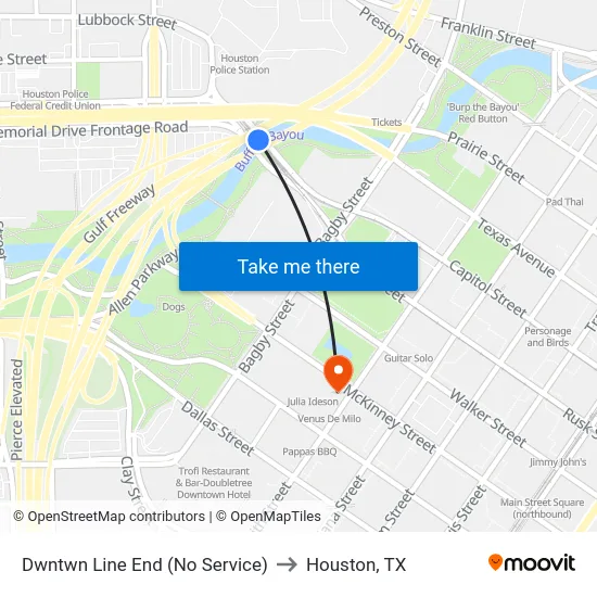 Dwntwn Line End (No Service) to Houston, TX map