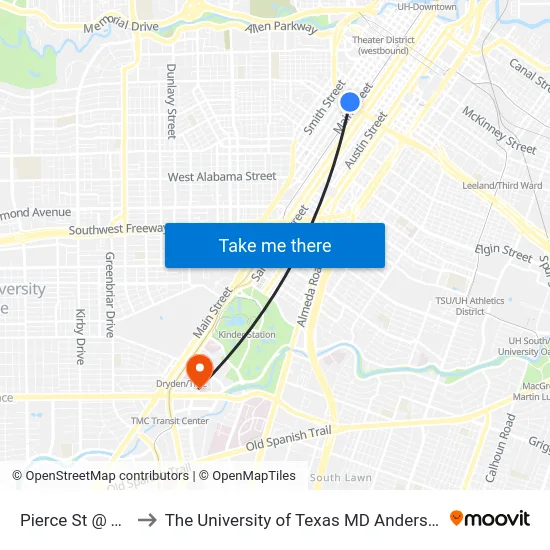 Pierce St @ Travis St to The University of Texas MD Anderson Cancer Center map