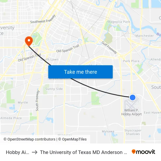 Hobby Airport to The University of Texas MD Anderson Cancer Center map