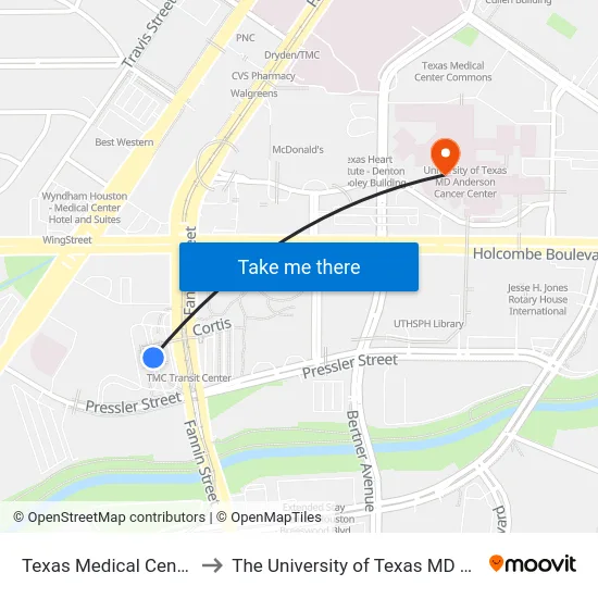 Texas Medical Center Transit Center to The University of Texas MD Anderson Cancer Center map
