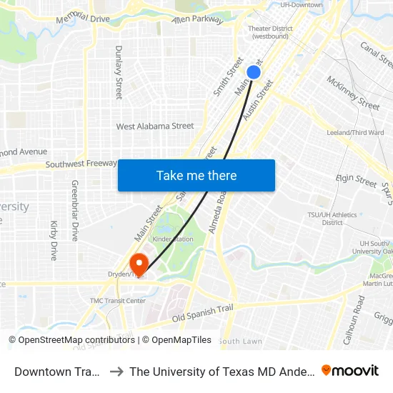 Downtown Transit Center to The University of Texas MD Anderson Cancer Center map