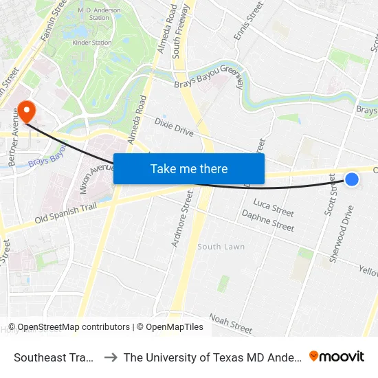 Southeast Transit Center to The University of Texas MD Anderson Cancer Center map