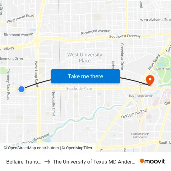 Bellaire Transit Center to The University of Texas MD Anderson Cancer Center map