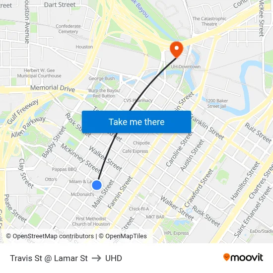 Travis St @ Lamar St to UHD map