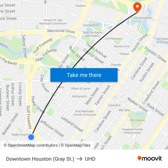 Downtown Houston (Gray St.) to UHD map