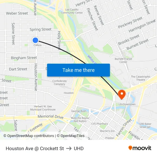 Houston Ave @ Crockett St to UHD map