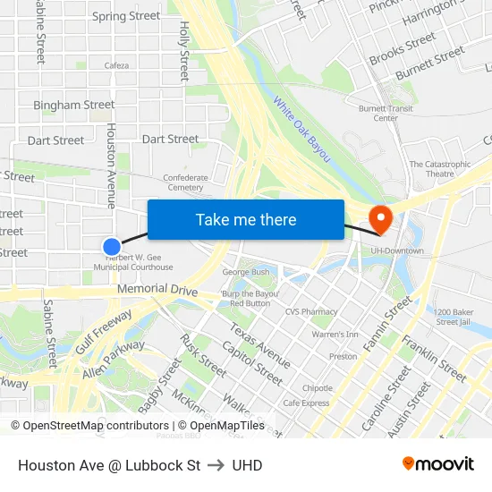 Houston Ave @ Lubbock St to UHD map