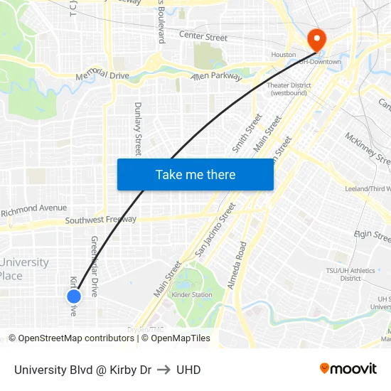 University Blvd @ Kirby Dr to UHD map