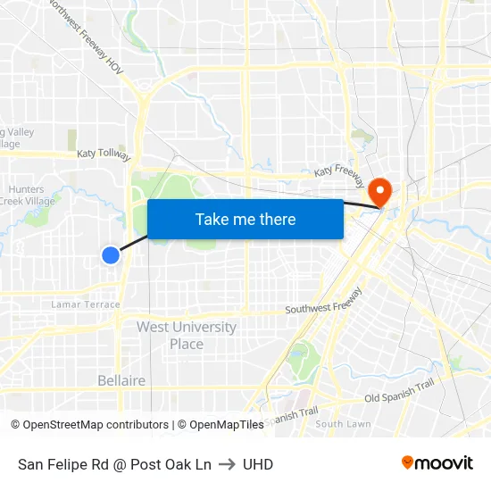 San Felipe Rd @ Post Oak Ln to UHD map