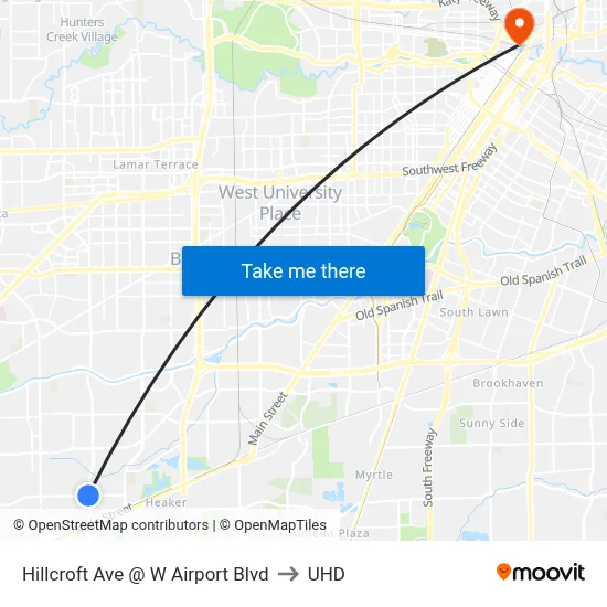 Hillcroft Ave @ W Airport Blvd to UHD map