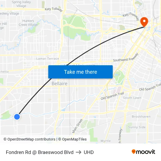 Fondren Rd @ Braeswood Blvd to UHD map