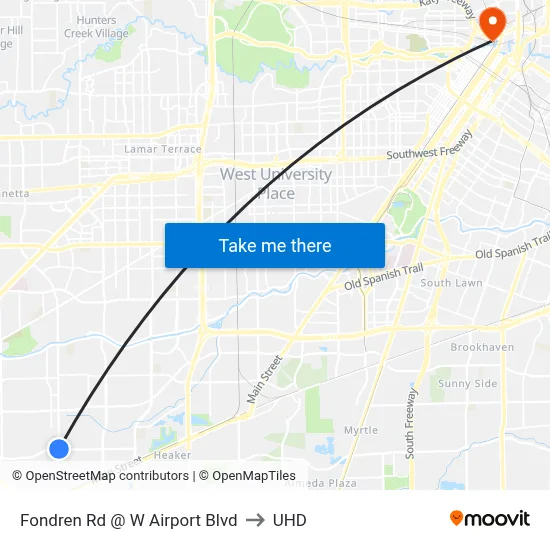 Fondren Rd @ W Airport Blvd to UHD map