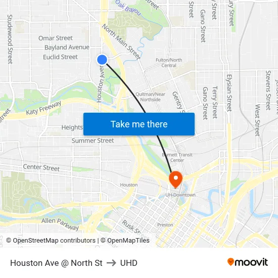 Houston Ave @ North St to UHD map