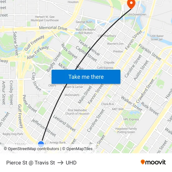 Pierce St @ Travis St to UHD map