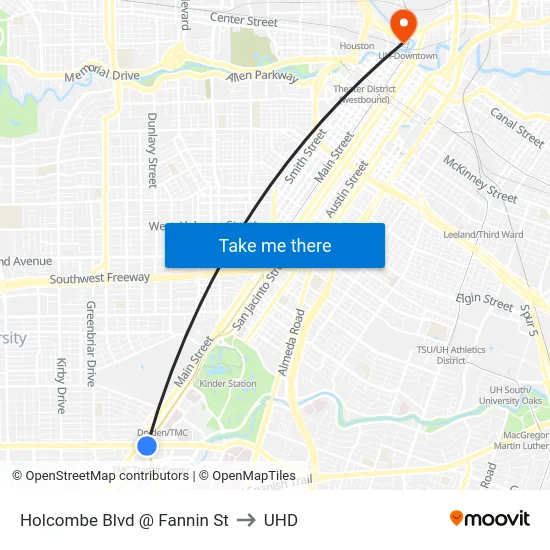 Holcombe Blvd @ Fannin St to UHD map