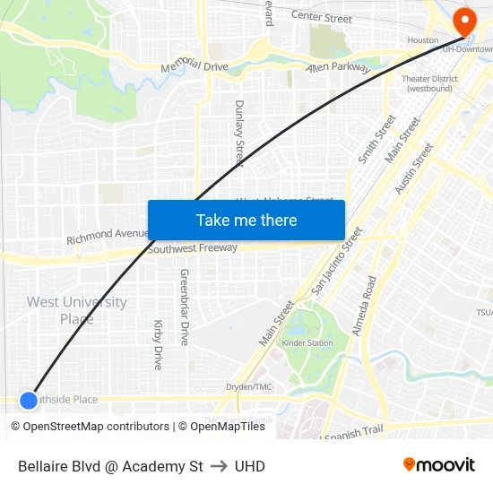 Bellaire Blvd @ Academy St to UHD map