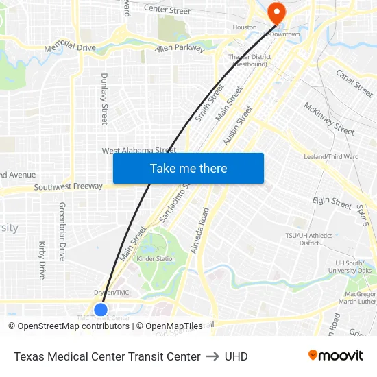 Texas Medical Center Transit Center to UHD map