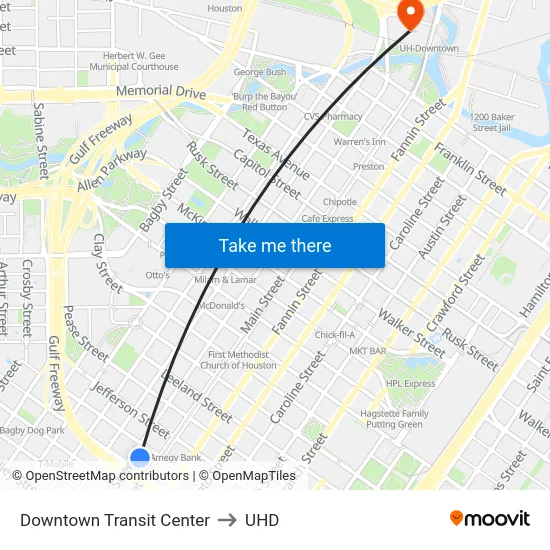Downtown Transit Center to UHD map