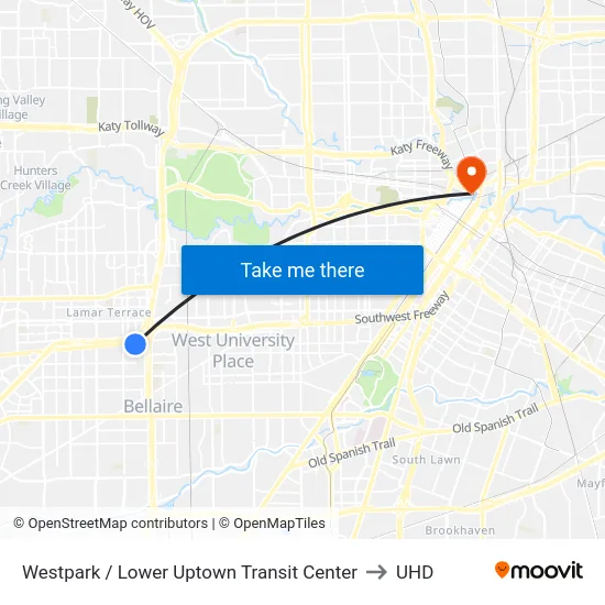 Westpark / Lower Uptown Transit Center to UHD map