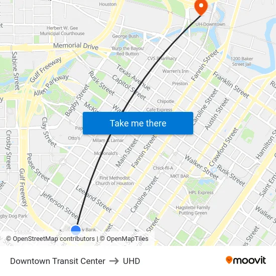 Downtown Transit Center to UHD map