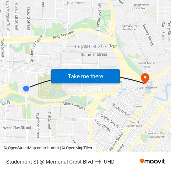 Studemont St @ Memorial Crest Blvd to UHD map