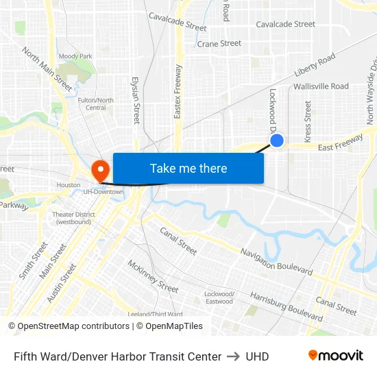 Fifth Ward/Denver Harbor Transit Center to UHD map