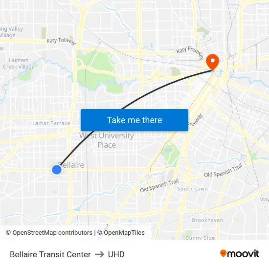Bellaire Transit Center to UHD map