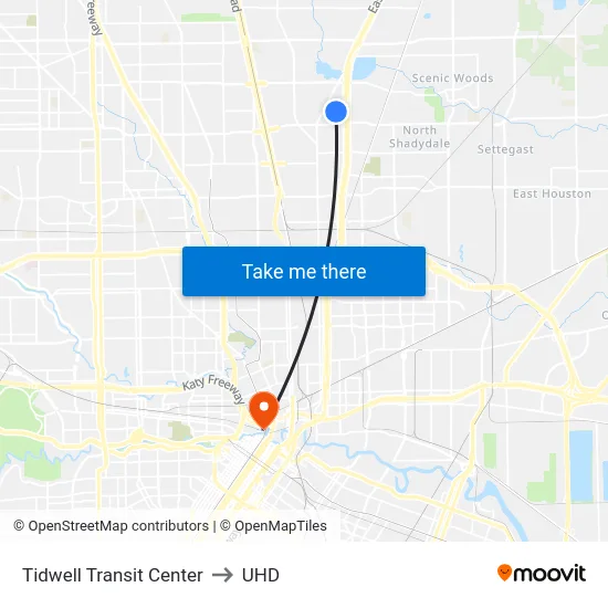 Tidwell Transit Center to UHD map