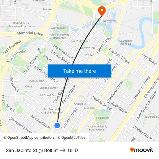 San Jacinto St @ Bell St to UHD map