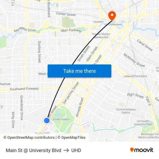Main St @ University Blvd to UHD map
