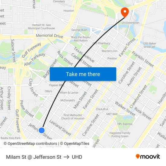 Milam St @ Jefferson St to UHD map