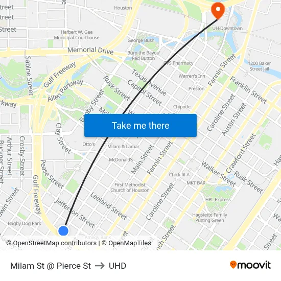 Milam St @ Pierce St to UHD map