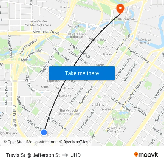 Travis St @ Jefferson St to UHD map