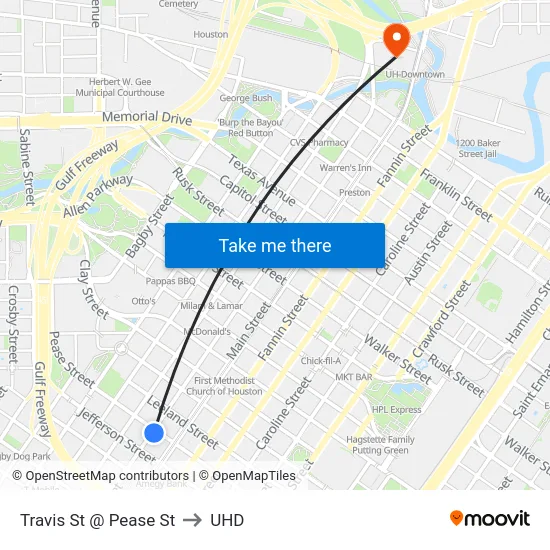 Travis St @ Pease St to UHD map