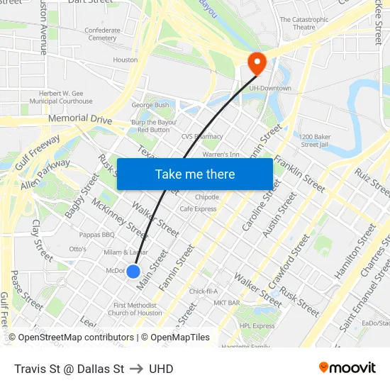 Travis St @ Dallas St to UHD map