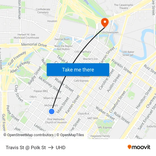 Travis St @ Polk St to UHD map