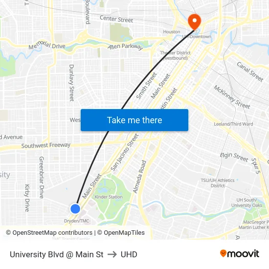 University Blvd @ Main St to UHD map