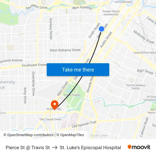 Pierce St @ Travis St to St. Luke's Episcopal Hospital map
