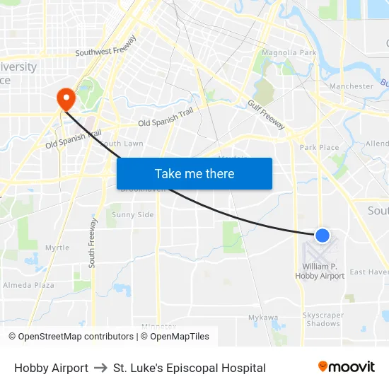 Hobby Airport to St. Luke's Episcopal Hospital map