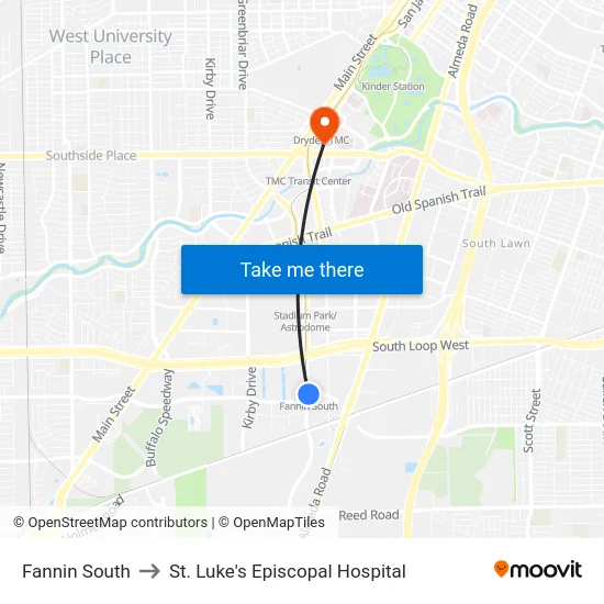 Fannin South to St. Luke's Episcopal Hospital map