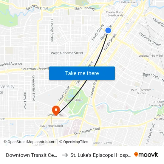 Downtown Transit Center to St. Luke's Episcopal Hospital map