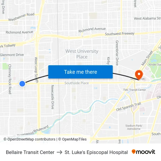 Bellaire Transit Center to St. Luke's Episcopal Hospital map