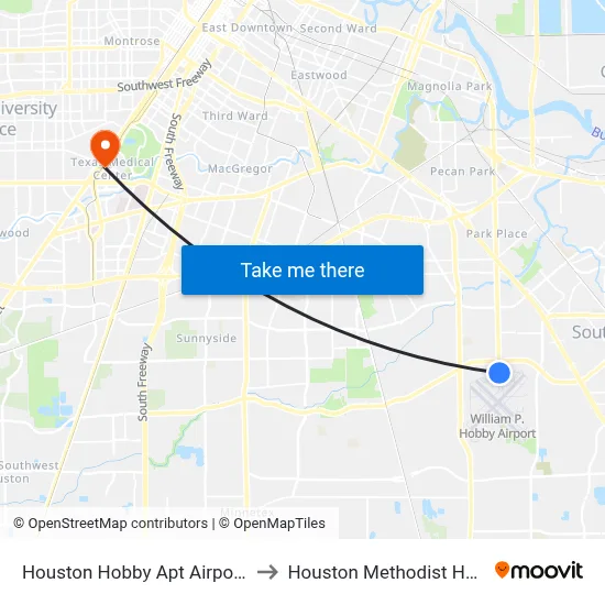 Houston Hobby Apt Airport HOU to Houston Methodist Hospital map