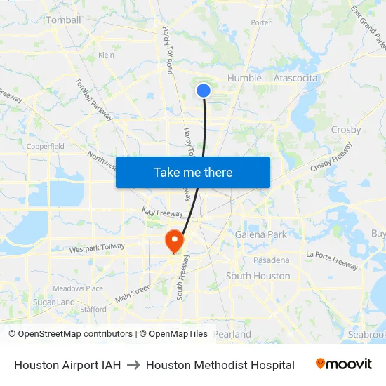 Houston Airport IAH to Houston Methodist Hospital map