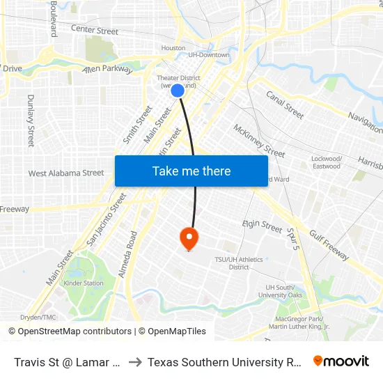 Travis St @ Lamar St to Texas Southern University REC map