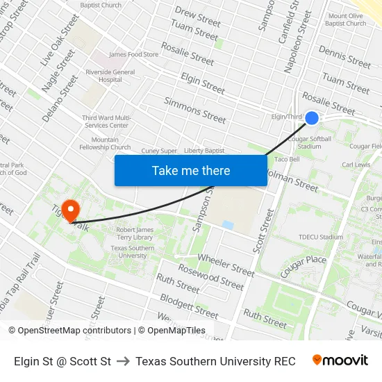 Elgin St @ Scott St to Texas Southern University REC map