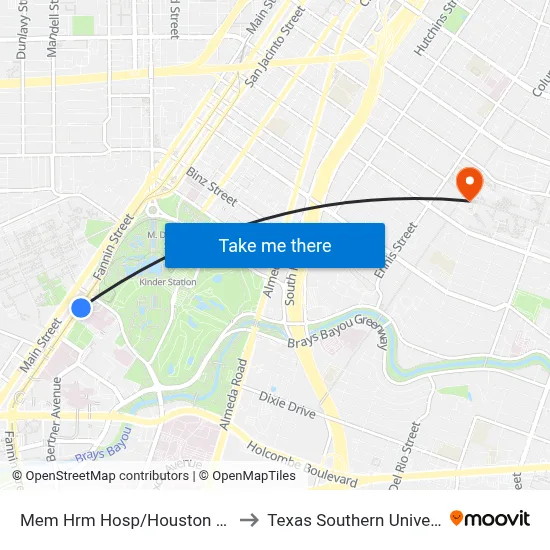 Mem Hrm Hosp/Houston Zoo Stn Nb to Texas Southern University REC map