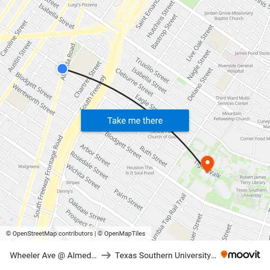 Wheeler Ave @ Almeda Rd to Texas Southern University REC map