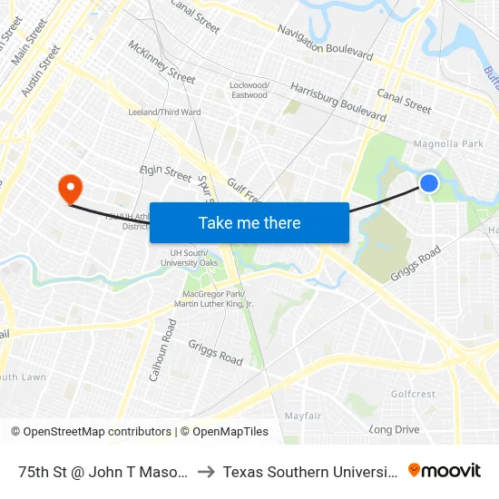 75th St @ John T Mason Park to Texas Southern University REC map