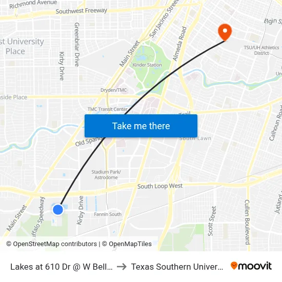 Lakes at 610 Dr @ W Bellfort Ave to Texas Southern University REC map